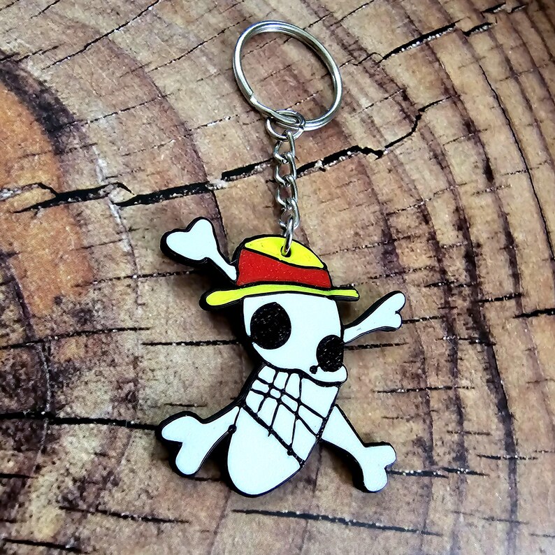 Puede incluir: Un llavero de calavera blanca con un sombrero de paja amarillo y rojo. El llavero est&aacute; unido a un llavero plateado.