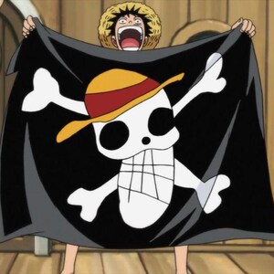 Puede incluir: Una bandera pirata negra con una calavera blanca y huesos cruzados. La calavera lleva un sombrero de paja amarillo y rojo.