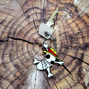 Puede incluir: Una llave plateada con un llavero de calavera y huesos cruzados. El llavero presenta una calavera de dibujos animados con un sombrero amarillo y rojo. El llavero est&aacute; sobre una superficie de madera.