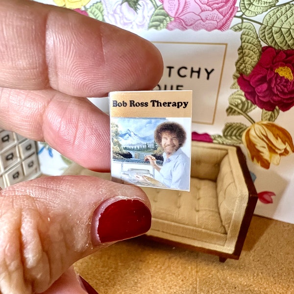 Bob Ross dollhouse miniature book 1/12 scale Bob Ross Painting 1/6 scale funny gag gift bookcase mini play scale happy little trees gift