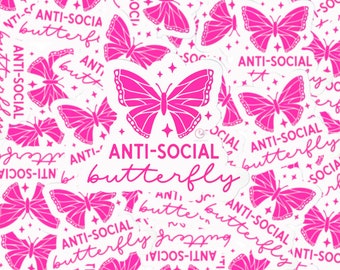 Pink Anti-Social Butterfly Vinyl Sticker: Water Resistant