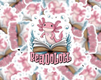 読書するアホロートル 耐水ビニールステッカー：「Readolotl」