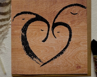 Biglietto d'auguri a forma di cuore con inchiostro Sumi - Arte Zen, Design Meditativo