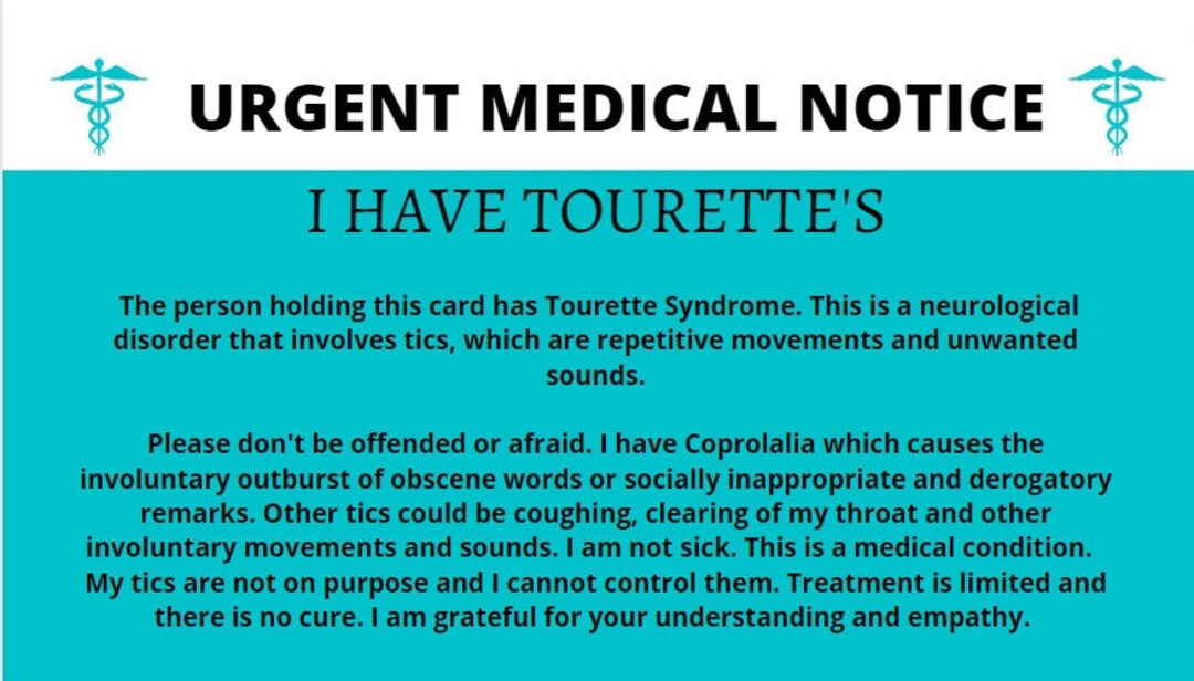 Printable PNG Tourette Awareness Medical ID Pass Along Cards - Etsy