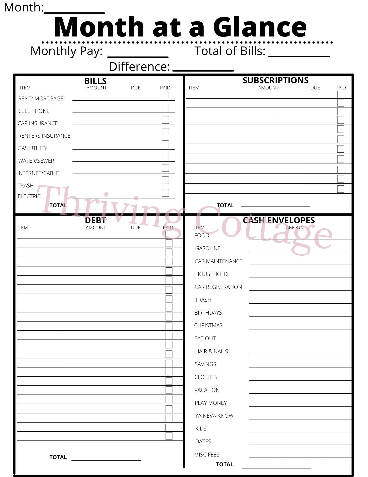 Printable Dave Ramsey, Cash Budgeting, Month at a Glance Worksheet - Etsy