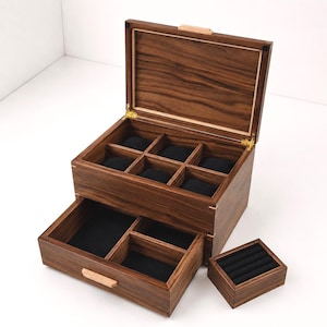 Large Walnut Watch Box with Drawer,  Optional Ring Holder, Display Case, Watch Lovers, Collector's Gift.