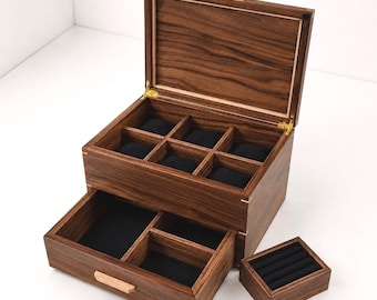 Large Walnut Watch Box with Drawer,  Optional Ring Holder, Display Case, Watch Lovers, Collector's Gift.