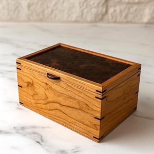 Cherry & Walnut Burl Keepsake Box, Handmade Wooden Memory Box, Storage box, Organizer box, Couple&#39;s gifts, Wooden Custom-sized boxes.