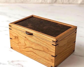 Cherry & Walnut Burl Keepsake Box, Handmade Wooden Memory Box, Storage box, Organizer box, Couple's gifts, Wooden Custom-sized boxes.