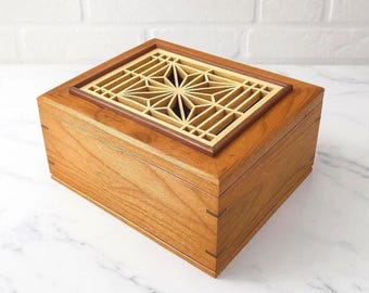 Cherry Wood Keepsake Box with Kumiko panels on lid, Organizer Box, Japanese Artisan Memory Box, Custom sizes.