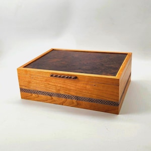 Cherry and Walnut Burl Keepsake Box with an Engraved Celtic Knot, Wooden Box with Engraved Celtic Knot, Gifts for Him, 12L x 9W x 4H