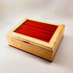 Curly Maple Keepsake Box with Padauk Lid, Wooden Memory Organizer (13"x10"x4"), Personalized.