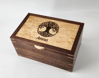 Personalized Engraving Walnut and Birdseye Maple Keepsake Box, Jewelry Box, Memory Box, Monogram Engraving, Logo Engraving.