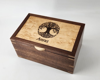 Personalized Engraving Walnut and Birdseye Maple Keepsake Box, Jewelry Box, Memory Box, Monogram Engraving, Logo Engraving.