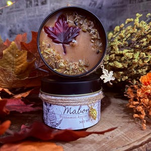 Può includere: Un barattolo di candela rotondo e nero con una candela marrone e una foglia d'acero bordeaux incorporata nella cera. Il barattolo è decorato con un ciondolo a forma di foglia d'acero dorata e l'etichetta recita "Mabon Cinnamon Apple". La candela è circondata da foglie autunnali.