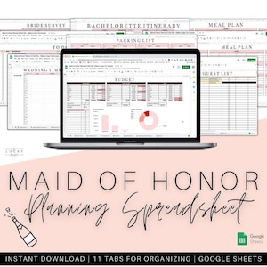 Maid of Honor Planning Spreadsheet Digital Download Template Google Sheets Wedding Spreadsheet Bachelorette Budget Bridal Party Organization