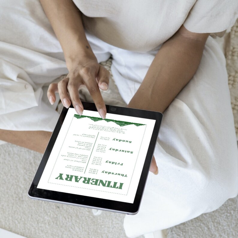 May include: A black and white digital planner with a green and white floral design. The planner is open to a page titled "ITINERARY" with the days of the week listed: Thursday, Friday, Saturday, Sunday.