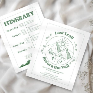 May include: A green and white invitation for a wedding weekend in Lake Tahoe, California. The invitation features a hand-drawn illustration of mountains and a sun with the text "Last Trail Before the Veil".