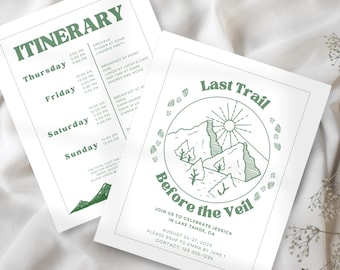 May include: A green and white invitation for a wedding weekend in Lake Tahoe, California. The invitation features a hand-drawn illustration of mountains and a sun with the text "Last Trail Before the Veil".