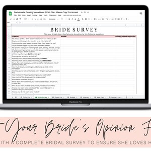 Może przedstawiać: Ekran laptopa wyświetlający arkusz kalkulacyjny zatytułowany "Bride Survey". Arkusz zawiera pytania, na kt&oacute;re powinna odpowiedzieć przyszła panna młoda, dotyczące jej preferencji dotyczących wieczoru panieńskiego. Pod laptopem wyświetlony jest tekst "Get Your Bride's Opinion First".