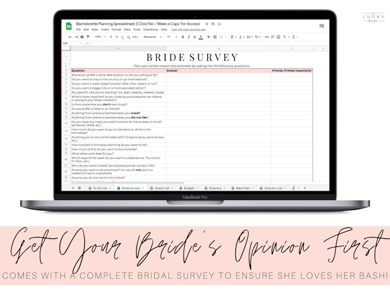 Może przedstawiać: Ekran laptopa wyświetlający arkusz kalkulacyjny zatytułowany "Bride Survey". Arkusz zawiera pytania, na kt&oacute;re powinna odpowiedzieć przyszła panna młoda, dotyczące jej preferencji dotyczących wieczoru panieńskiego. Pod laptopem wyświetlony jest tekst "Get Your Bride's Opinion First".