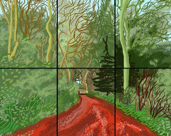 May include: An artistic illustration of a forest scene. A red path winds through the trees, surrounded by green foliage and various trees with brown and green branches. The sky is a light blue.