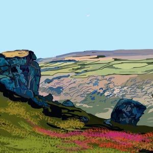 Puede incluir: Una pintura digital de un paisaje con un acantilado rocoso en primer plano y un valle en el fondo. El cielo es azul y hay campos verdes y colinas en la distancia. El acantilado es de color azul oscuro y hay algunas pequeñas flores rosas en primer plano.