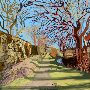 Peut inclure: Une représentation artistique d'un sentier de campagne. Un mur de pierre borde le côté gauche, avec un chemin sinueux menant au loin. Des arbres aux branches nues et au feuillage coloré encadrent la scène sous un ciel bleu.
