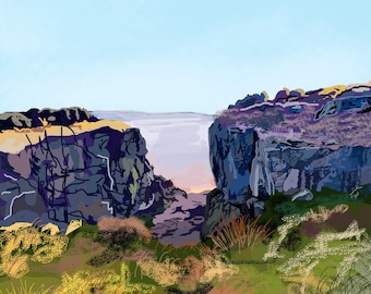 Lámina artística "Vaca y ternero" en Ilkley: formación rocosa pintoresca. Impresión artística o lienzo con o sin marco, Yorkshire Dales.