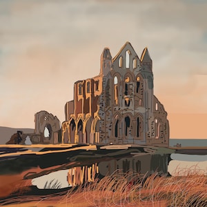 Puede incluir: Ilustración de una abadía en ruinas al atardecer. La estructura de piedra es gris y marrón, con ventanas arqueadas y un techo parcialmente derrumbado. El primer plano muestra un reflejo en el agua y hierba alta y seca.