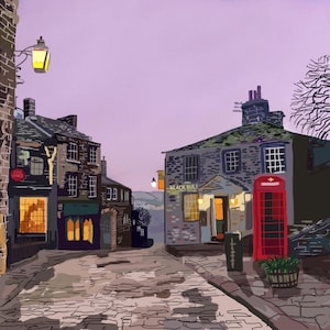 Jane Eyre Haworth Wall Art Print – Historic Village View – Framed/Unframed Fine Art Print or Canvas – Yorkshire Landscape