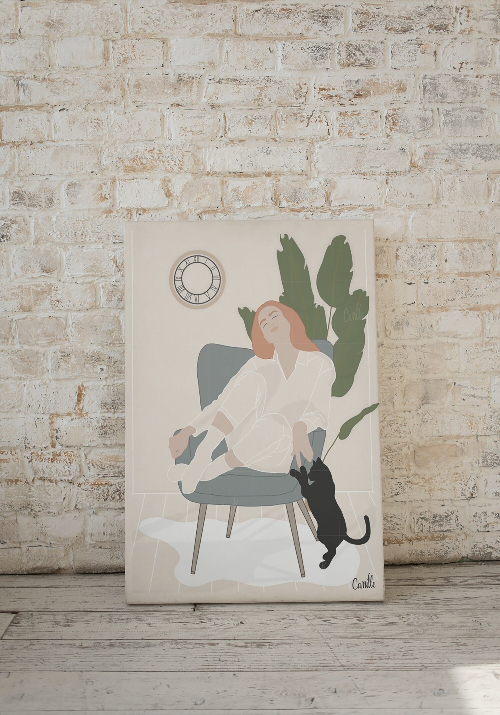 Affiche Décorative Murale Illustration Femme Salon Chat