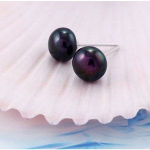 Real freshwater pearl silver color stud earrings, black natural pearls earrings for women size 7mm and 8mm