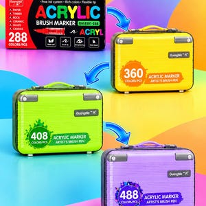 May include: A black box labelled GuangNa Acrylic Brush Marker with 288 colours, alongside three rectangular carrying cases in yellow, green, and purple. The yellow case holds 360 markers, the green case holds 408, and the purple case holds 488.
