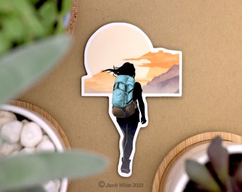 Hiking Girl Backpacking to Sunset Vinyl Die Cut Waterproof Adventure Sticker Great Gift for Her Outdoor Adventure Great for Personalization