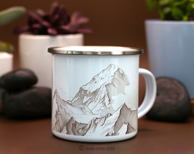 Mountain Landscape Sketch 12 OZ Enamel Coffee Cup for Camping and Backpacking Compact light weight Great Gift for Outdoor Lovers Adventures