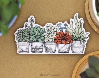 May include: A sticker featuring a row of seven potted succulents with different colors and textures. The pots are white with a marble pattern and have a mountain range design on the side. The sticker is on a brown background.