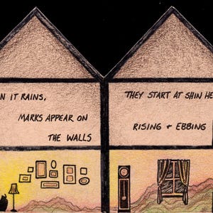 Pode incluir: Uma ilustra&ccedil;&atilde;o desenhada &agrave; m&atilde;o de uma casa com dois quartos. O quarto da esquerda tem um texto que diz "Quando chove, aparecem marcas nas paredes." O quarto da direita tem um texto que diz "Eles come&ccedil;am na altura da canela, subindo e descendo."