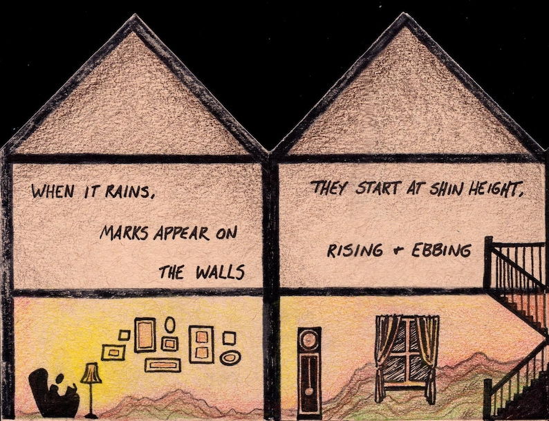 Pode incluir: Uma ilustra&ccedil;&atilde;o desenhada &agrave; m&atilde;o de uma casa com dois quartos. O quarto da esquerda tem um texto que diz "Quando chove, aparecem marcas nas paredes." O quarto da direita tem um texto que diz "Eles come&ccedil;am na altura da canela, subindo e descendo."