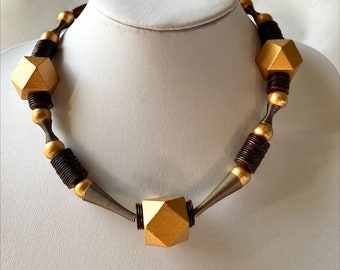 Golden wood and brown coconut shell necklace, Chunky modern necklace, Statement wood and coconut shell necklace, Gold and brown necklace