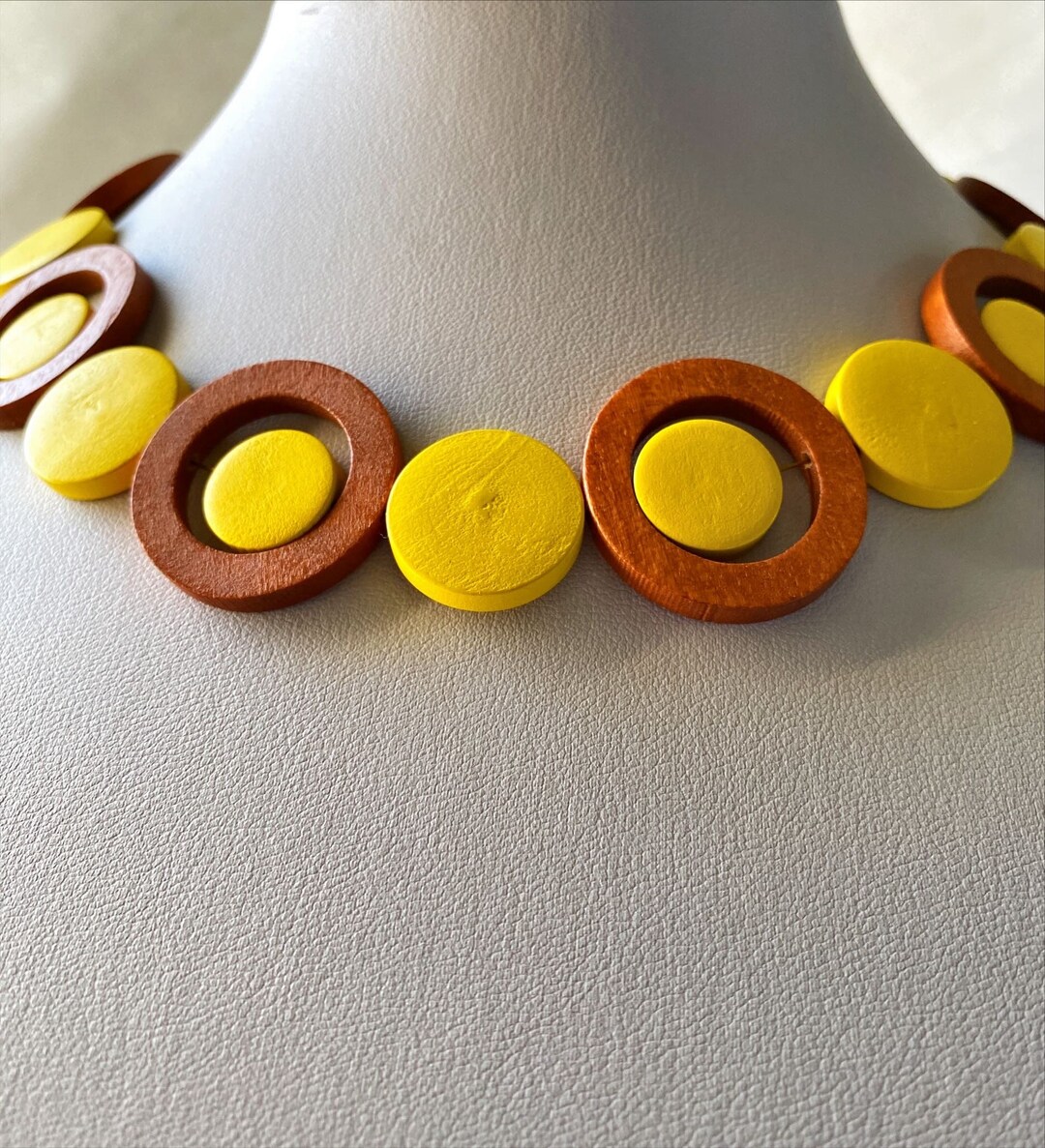 Statement Wooden Coin Necklace, Light Modern Wooden Necklace, Short Bib