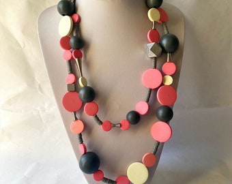 Statement wood necklace, Statement coin necklace, Long wood necklace, Chunky coin necklace, Multistrand wood necklace, Wooden coin necklace