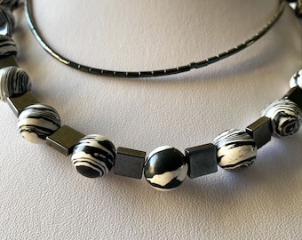 Statement hematite necklace, Delicate black and white jasper necklace, Light modern necklace, Pearl bib necklace, Multistrand chain necklace