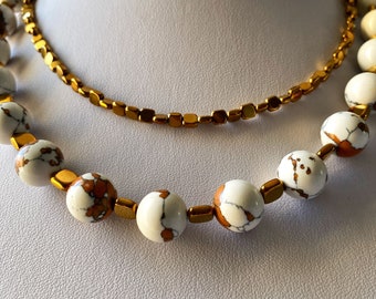 Statement hematite necklace, Delicate white tiger jasper necklace, Light modern necklace, Pearl bib necklace, Multistrand chain necklace