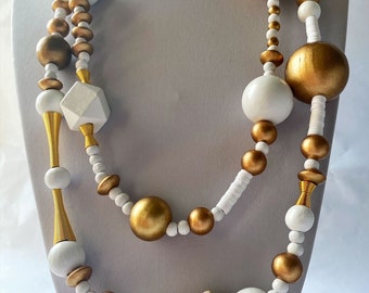 Statement wood necklace, Statement coin necklace, Long wood necklace, Chunky coin necklace, Multistrand wood necklace, Wooden coin necklace