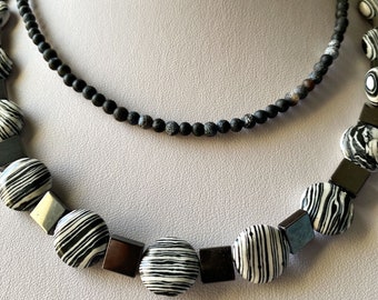 Statement hematite necklace, Delicate black and white jasper necklace, Light modern necklace, Pearl bib necklace, Multistrand chain necklace