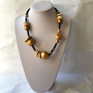Statement wood necklace, Statement ring necklace, Versatile wood necklace, Chunky necklace, Short wood necklace, Beige and gold necklace