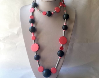 Statement wood necklace, Statement pink necklace, Long grey necklace, Chunky coin necklace, Multistrand necklace, Versatile coin necklace