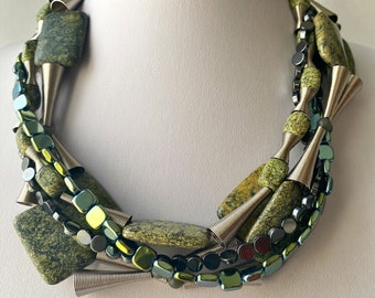 Chunky Jasper Statement Necklace: Green Gemstone Bib