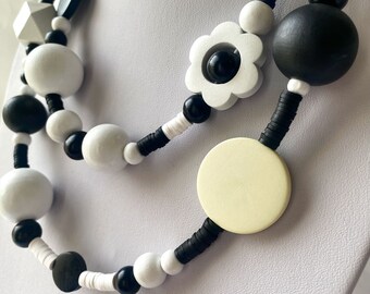 Statement Wood Bead Necklace: Chunky Black & White Coin Design